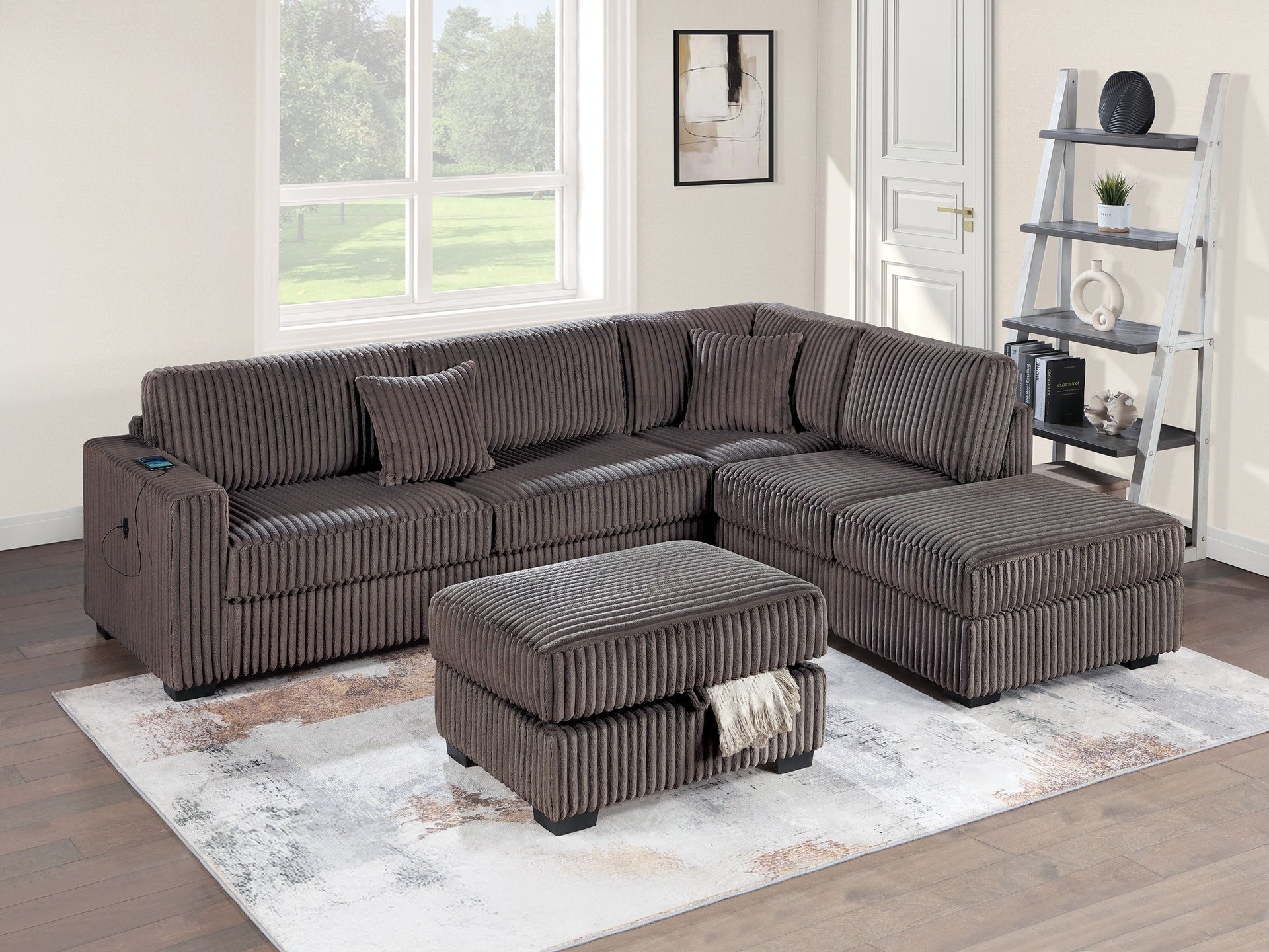 Chocolate Fur-Like Corduroy Sectional Sofa Reversible Chaise Sofa w USB Storage Ottoman Upholstered Couch Pillows 3pc Set Living Room
