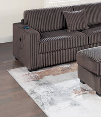 Chocolate Fur-Like Corduroy Sectional Sofa Reversible Chaise Sofa w USB Storage Ottoman Upholstered Couch Pillows 3pc Set Living Room