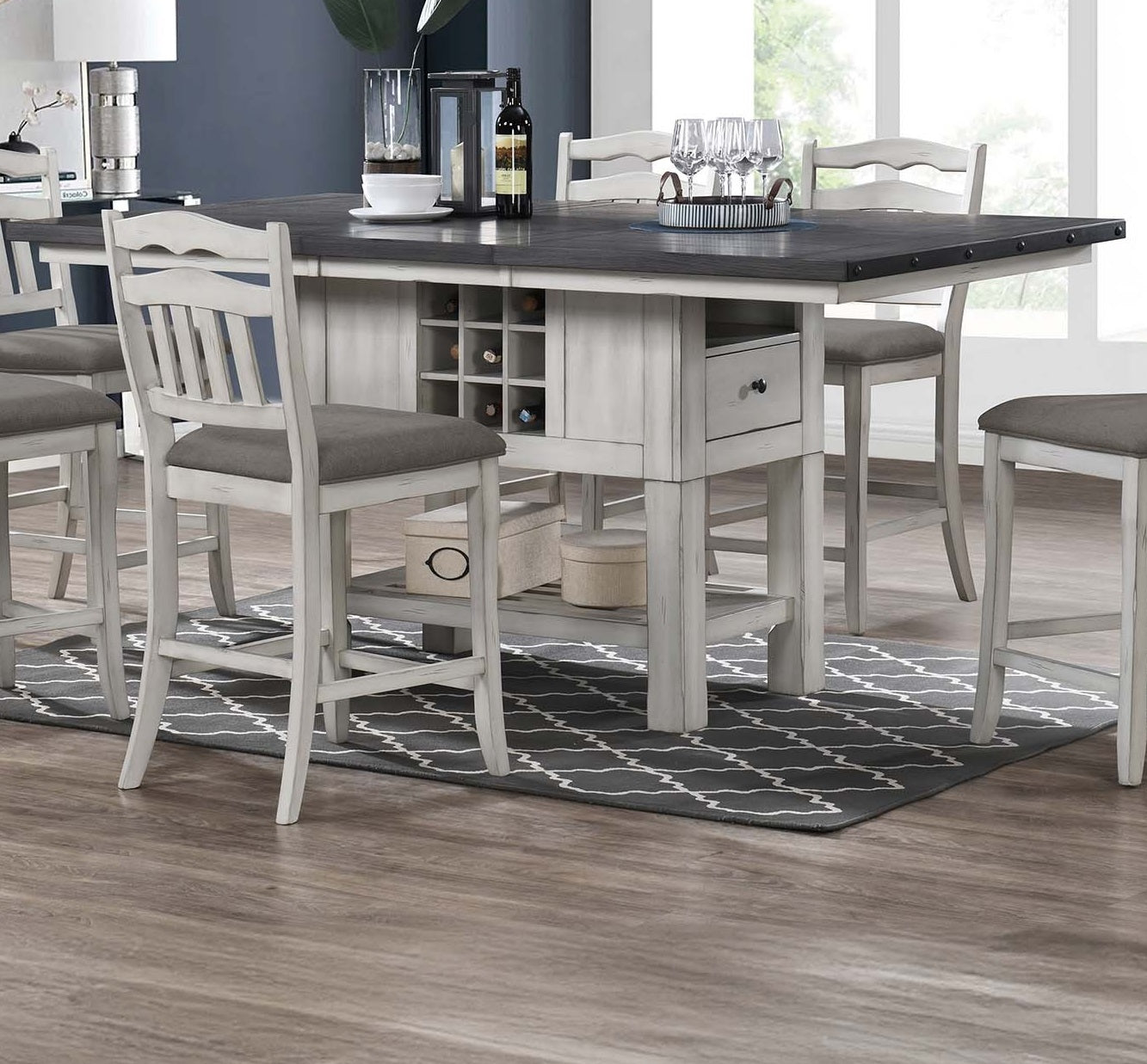 Antique White And Grey Table Top 1pc Counter Height Dining Table w 2x Leaves Under-Table Storage Kitchen Dining Room Solid wood