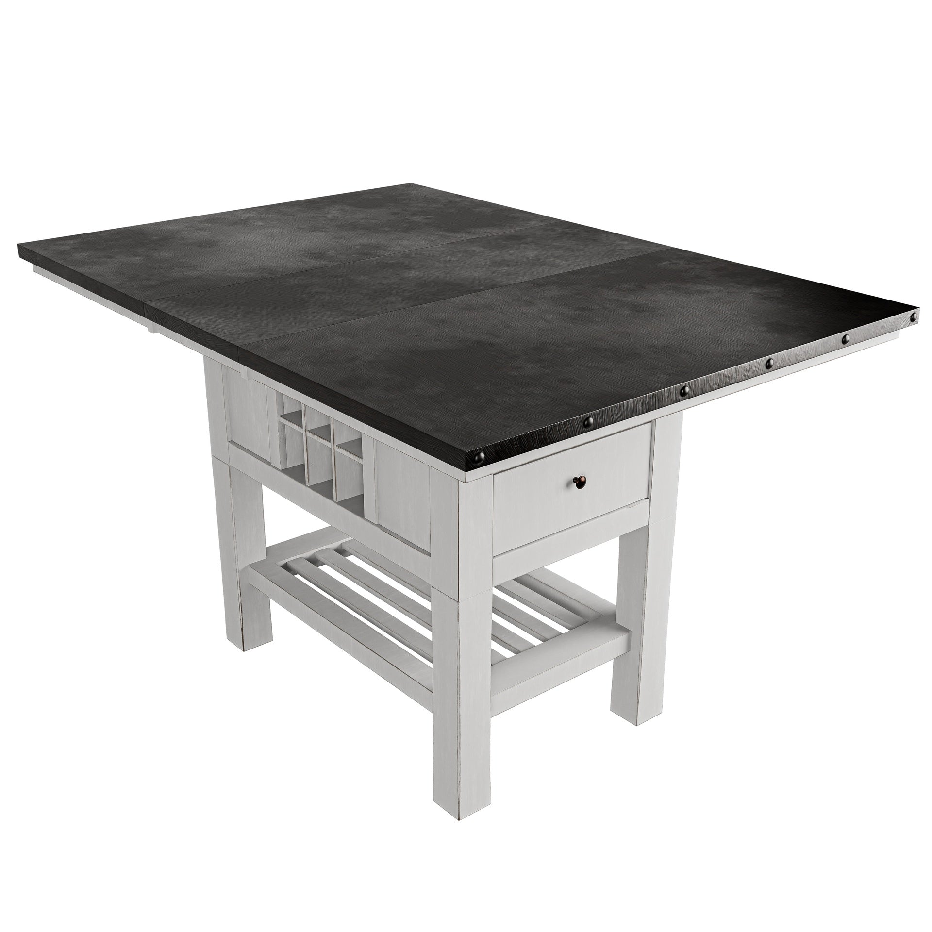 Antique White And Grey Table Top 1pc Counter Height Dining Table w 2x Leaves Under-Table Storage Kitchen Dining Room Solid wood