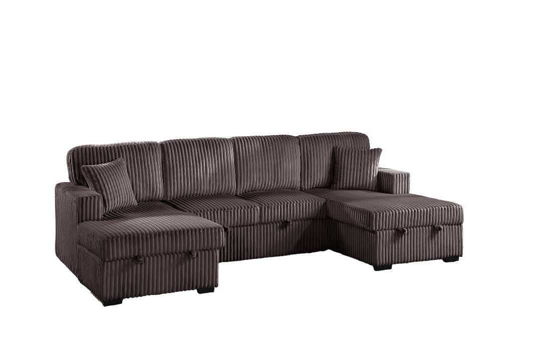 Chocolate Finish Convertible Sectional Upholstered Corduroy 3pc RAF And LAF Storage Chaises Pull Out Middle Section Pillow Included Primary Living Room