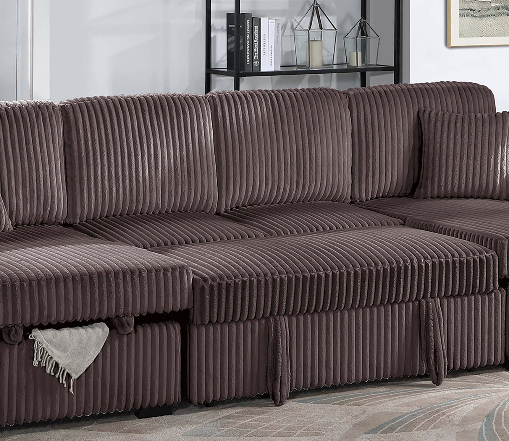 Chocolate Finish Convertible Sectional Upholstered Corduroy 3pc RAF And LAF Storage Chaises Pull Out Middle Section Pillow Included Primary Living Room