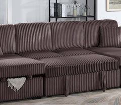Chocolate Finish Convertible Sectional Upholstered Corduroy 3pc RAF And LAF Storage Chaises Pull Out Middle Section Pillow Included Primary Living Room