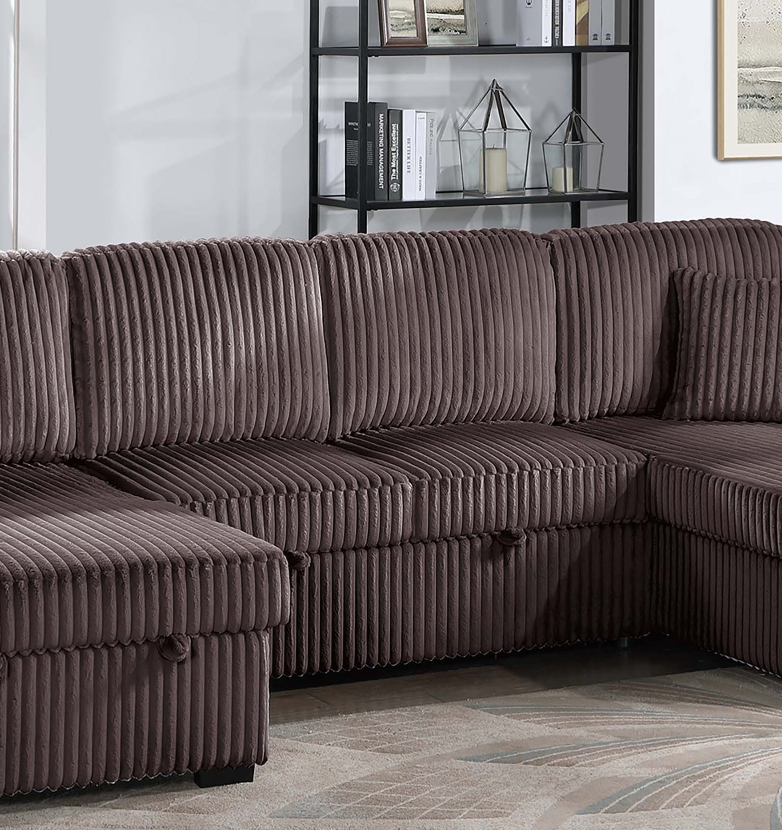 Chocolate Finish Convertible Sectional Upholstered Corduroy 3pc RAF And LAF Storage Chaises Pull Out Middle Section Pillow Included Primary Living Room