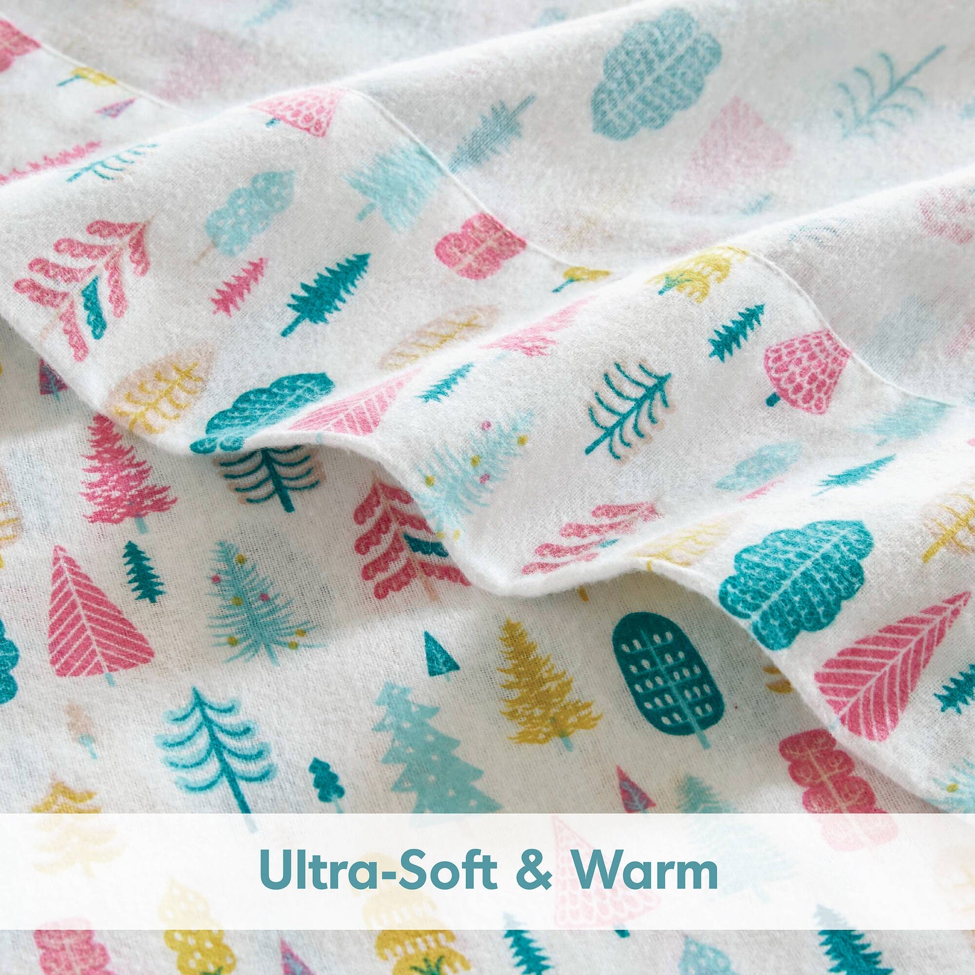 3 PCS Twin XL Cotton Flannel Printed Sheet Set White Holiday Trees
