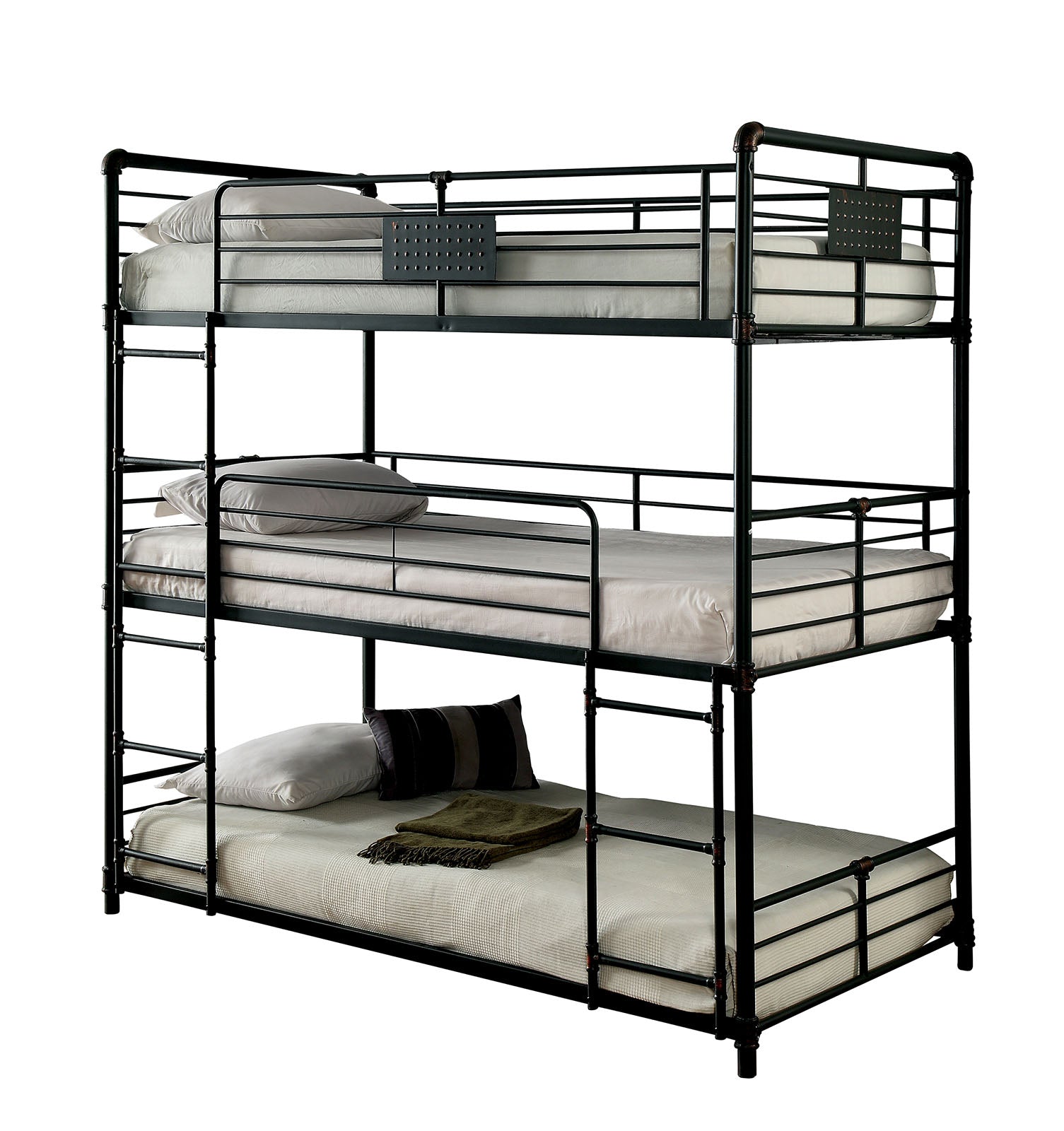 Twin Over Twin Over Twin Bunk Bed Industrial Style Metal Structure Attached Dual Ladder Upper Guard Rails Pipe Framework Antique Black Finish
