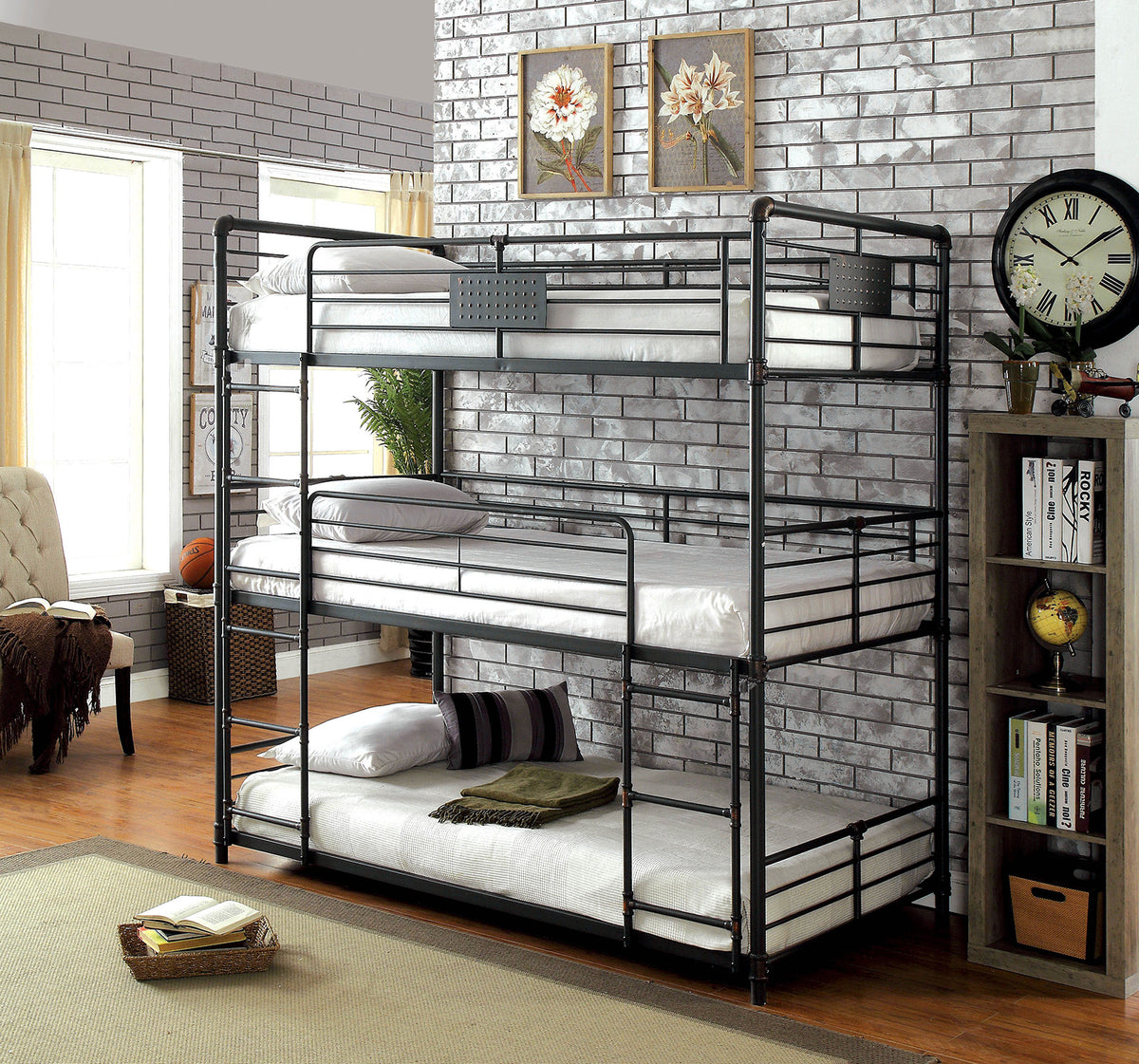 Twin Over Twin Over Twin Bunk Bed Industrial Style Metal Structure Attached Dual Ladder Upper Guard Rails Pipe Framework Antique Black Finish