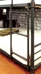 Twin Over Twin Over Twin Bunk Bed Industrial Style Metal Structure Attached Dual Ladder Upper Guard Rails Pipe Framework Antique Black Finish