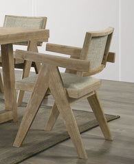 Contemporary 2pc Dining Arm Chairs Oak Veneer Fabric Upholstered Chairs Plank Arms Dining Room