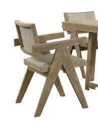 Contemporary 2pc Dining Arm Chairs Oak Veneer Fabric Upholstered Chairs Plank Arms Dining Room