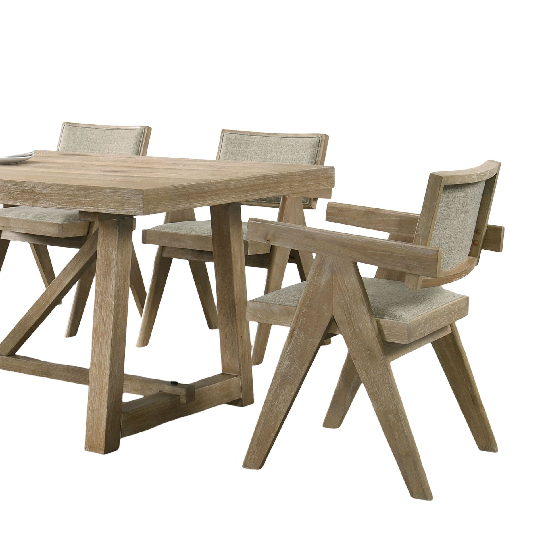 Contemporary 2pc Dining Arm Chairs Oak Veneer Fabric Upholstered Chairs Plank Arms Dining Room