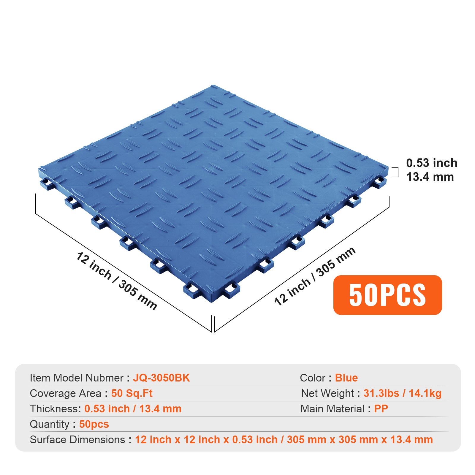 Garage Tiles Interlocking, 12 x 12 x 0.53 inch 50 Pack Garage Floor Covering Tiles, Non-Slip Double-Sided Texture Garage Flooring Tiles, for Garages, Basements, Repair Shops, Blue
