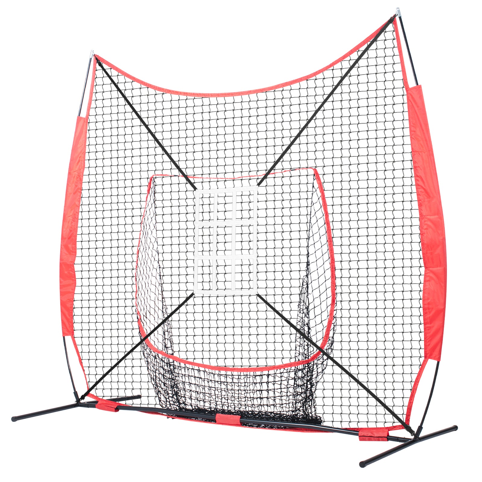 7x7 ft Baseball Softball Practice Net, Portable Baseball Training Net for Hitting Catching Pitching, Backstop Equipment with Bow Frame, Carry Bag, Strike Zone, 12 Balls, Tee, and Ball Collector