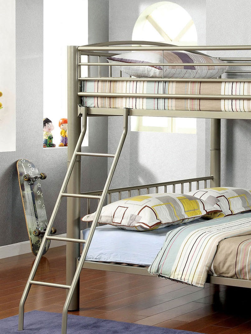 Metallic Gold Finish Contemporary Style Full Over Full Bunk Bed Full Metal Structure Movable Ladder Top Bed Rails Convert Into Two Separate Bed
