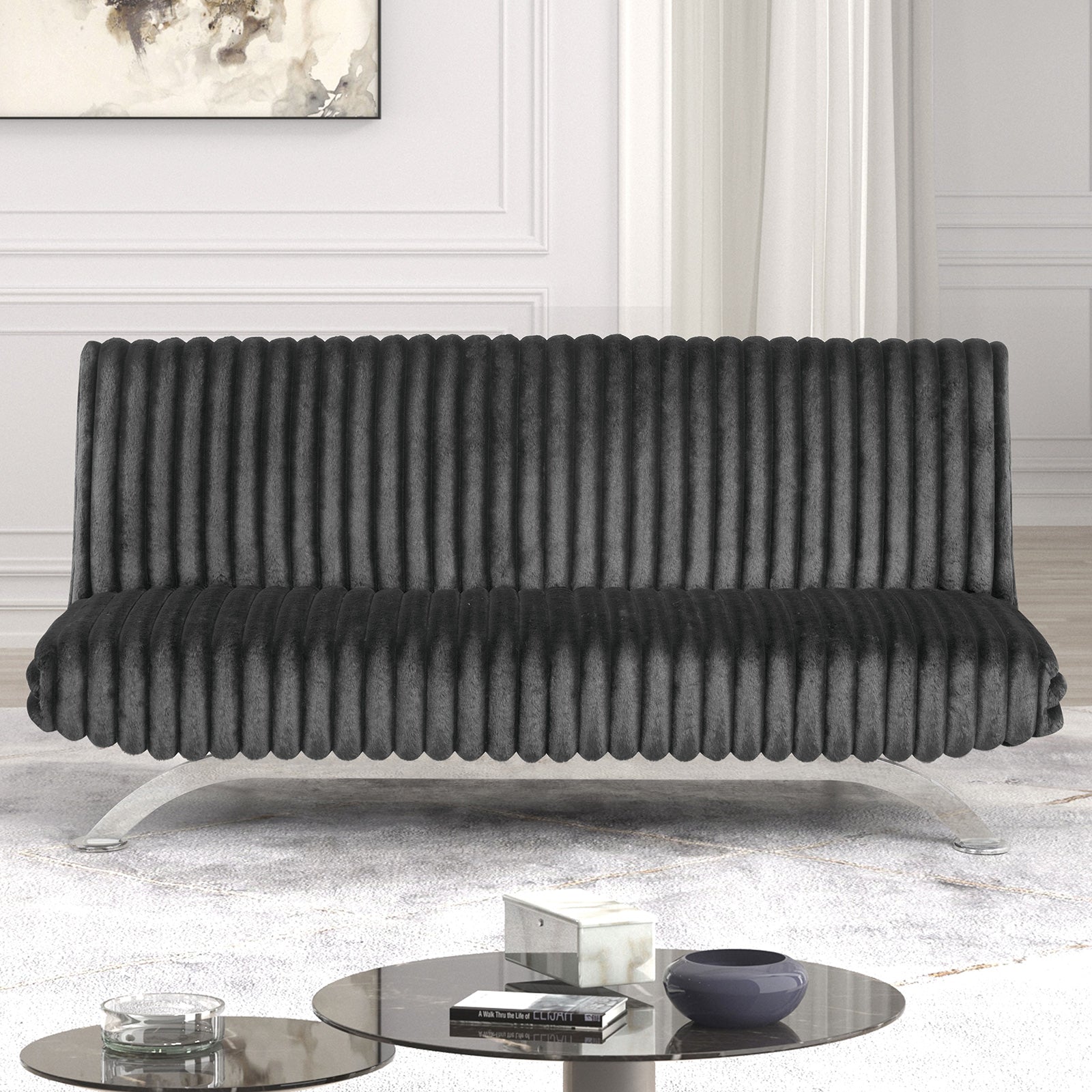 Charcoal Finish Contemporary Style Futon Sofa Bed Convert Into Bed With Hidden Support Metal Leg chrome Finish Base Legs