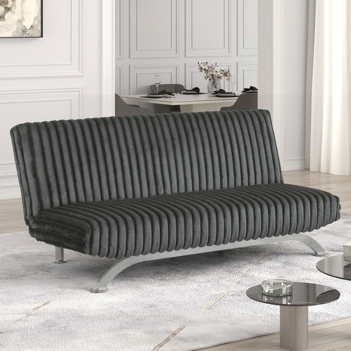 Charcoal Finish Contemporary Style Futon Sofa Bed Convert Into Bed With Hidden Support Metal Leg chrome Finish Base Legs