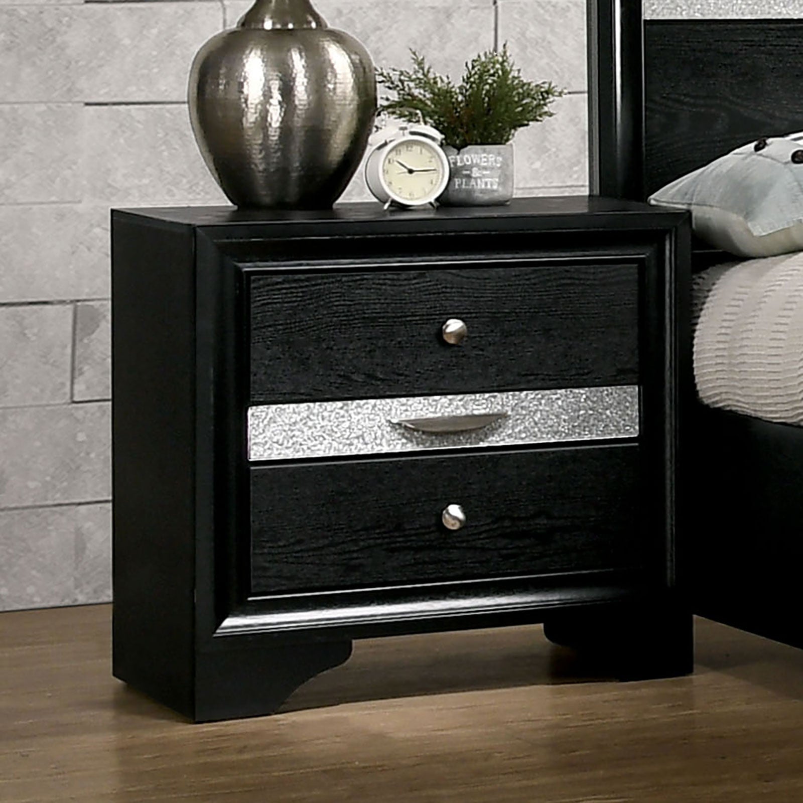 Contemporary Black 1pc Nightstand Nickle round Knob Handles English Dovetails Hidden Drawer Bedside Table