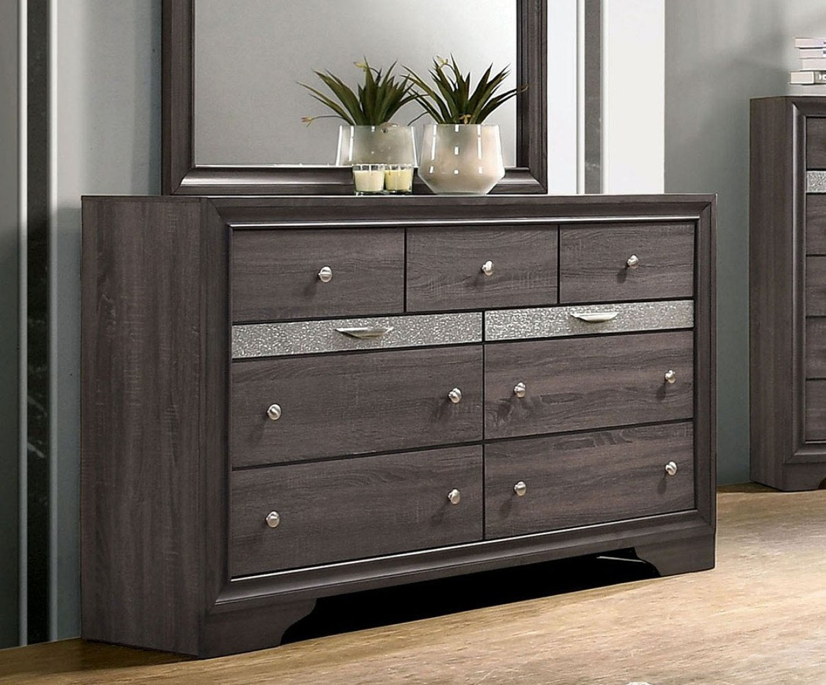Contemporary 1pc Dresser Hidden Jewelry Drawer English Dovetail Silver Accents Round Knobs Gray Color Bedroom Furniture