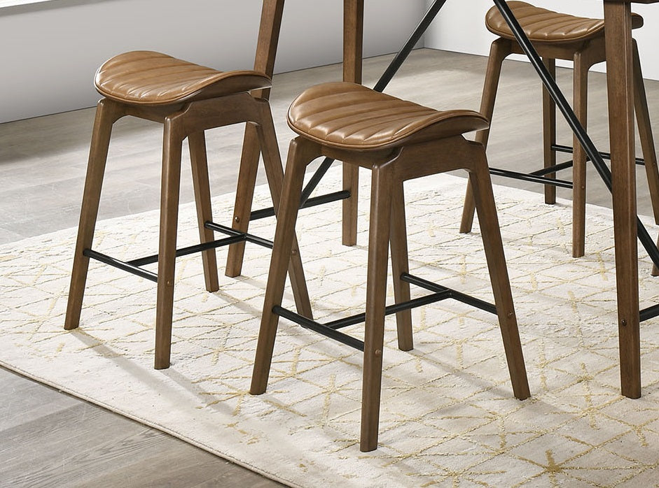 2pc Counter Height Chair Solid Base Metal Footrest Contoured Saddle Seats Walnut Finish Dining Room