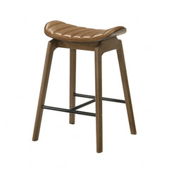2pc Counter Height Chair Solid Base Metal Footrest Contoured Saddle Seats Walnut Finish Dining Room