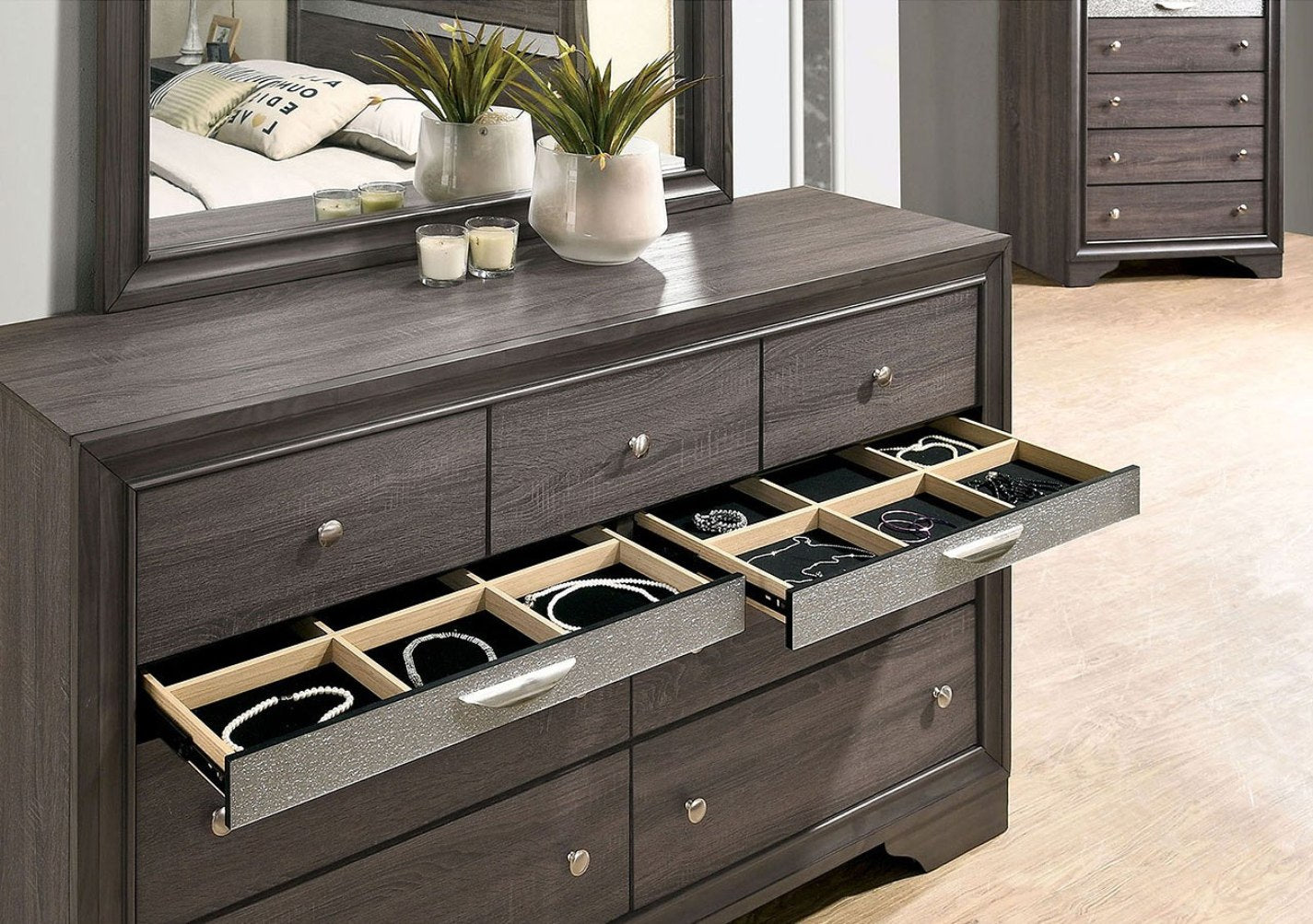 Gray Color Dresser w Mirror Set Hidden Jewelry Drawer English Dovetail Silver Accents Round Knobs Bedroom Furniture