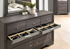 Gray Color Dresser w Mirror Set Hidden Jewelry Drawer English Dovetail Silver Accents Round Knobs Bedroom Furniture