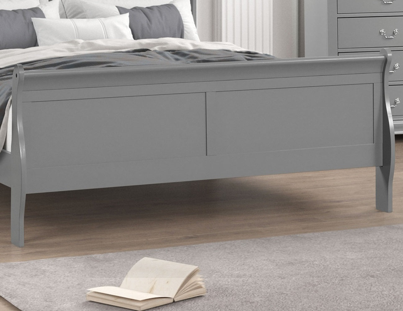 Gray Color Sleigh Design 1pc Twin Size Bed Bedroom Furniture Louis Phillipe Bed Bracket Feet Wooden