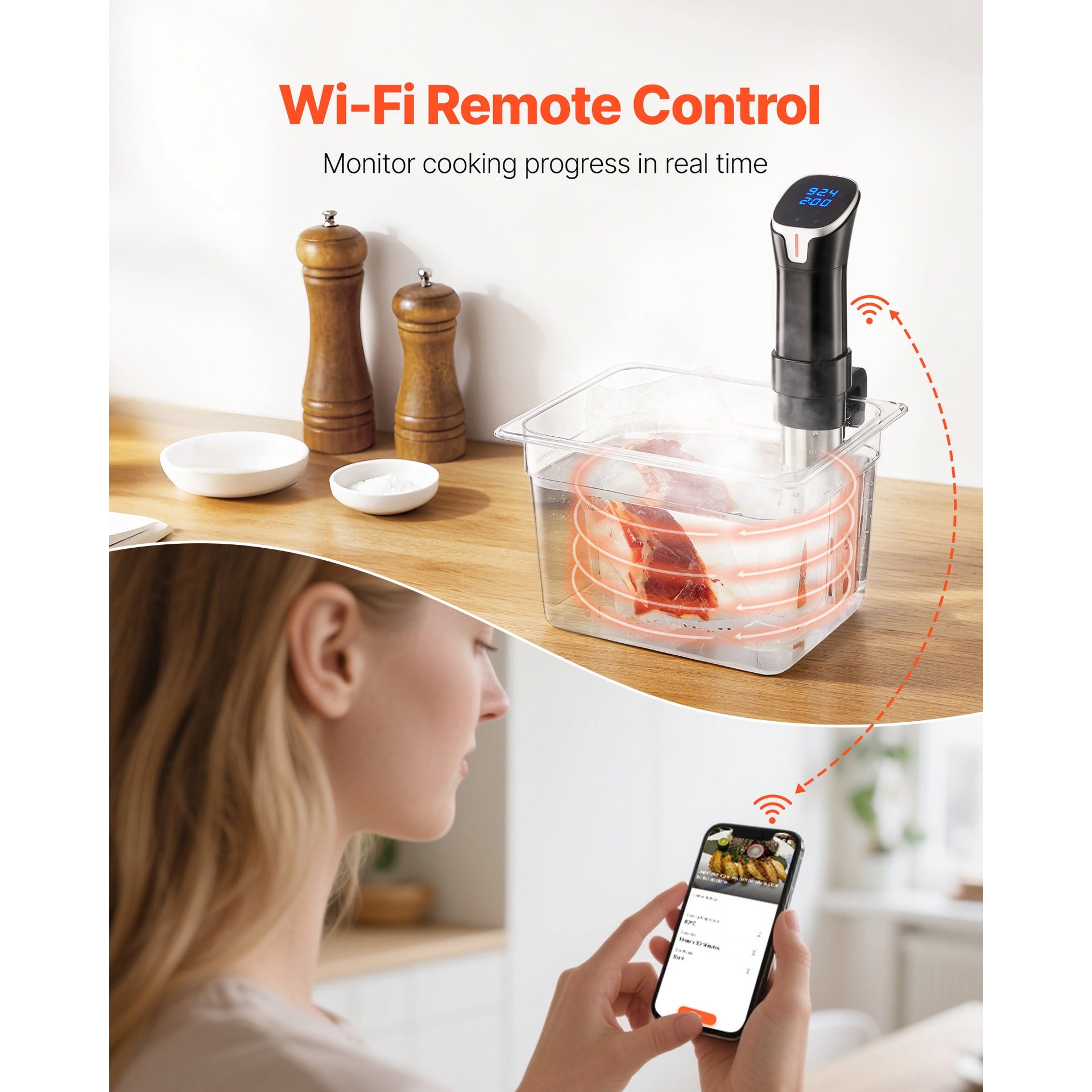 Sous Vide Precision Cooker, 1100W Sous-Vide Cooking Machine, WIFI Immersion Circulator with LED Digital Display, Fast-Heating, Accurate Temperature & Timer Control, SUS304 Stainless Steel