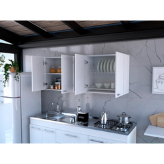 Wall Cabinet 24" H, Four Doors, Two Open Storage Shelves, Two Internal Shelves, Internal Dish and Glass Organizer, White