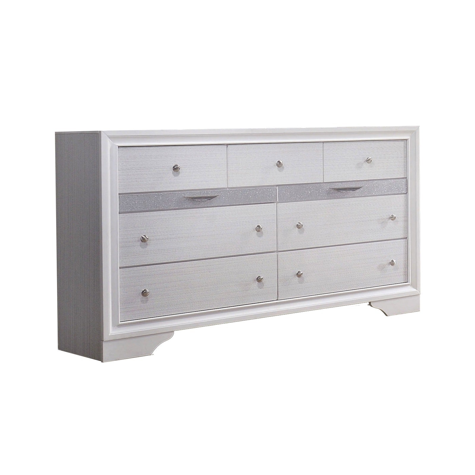 Wooden Dresser with 7 Drawers and 2 Jewelry Drawer, White and Silver