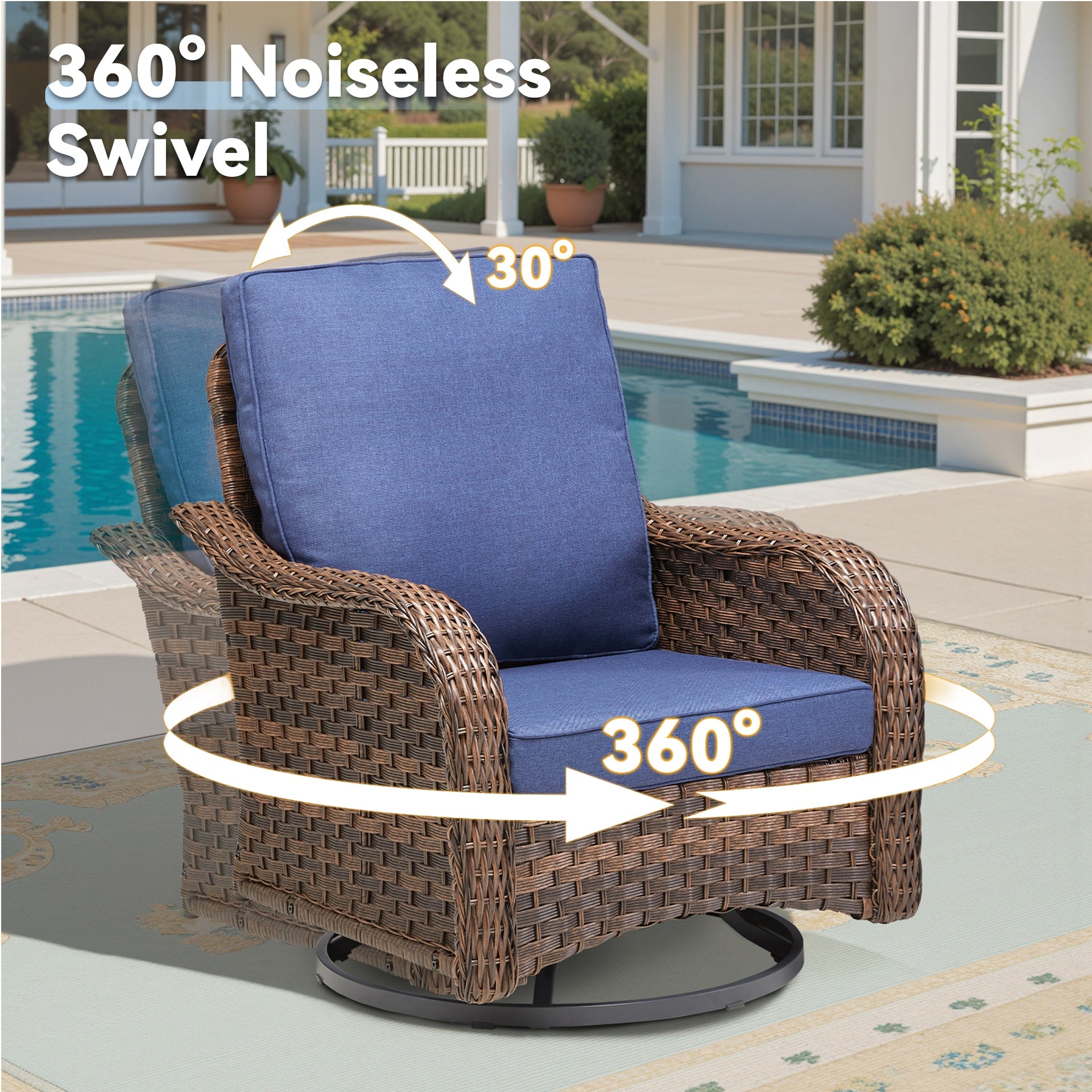 3 Pieces Outdoor Furniture Set, Outdoor Swivel Gliders Rocker, Wicker Patio Bistro Set with Side Tablerd for Porch Deck Backyard, Blue
