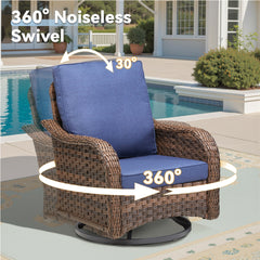 3 Pieces Outdoor Furniture Set, Outdoor Swivel Gliders Rocker, Wicker Patio Bistro Set with Side Tablerd for Porch Deck Backyard, Blue
