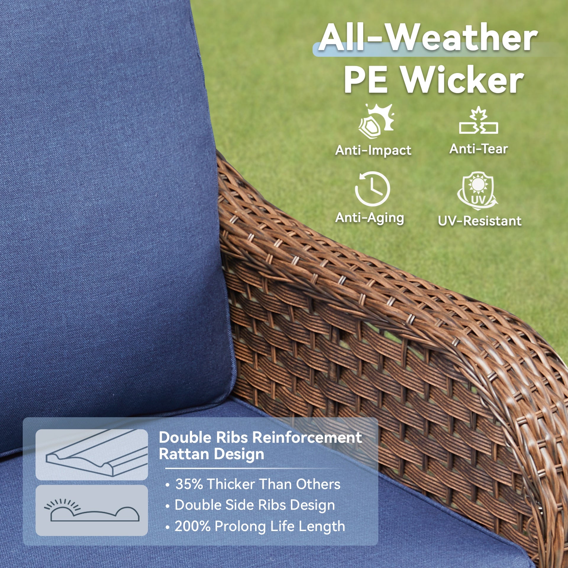 3 Pieces Outdoor Furniture Set, Outdoor Swivel Gliders Rocker, Wicker Patio Bistro Set with Side Tablerd for Porch Deck Backyard, Blue