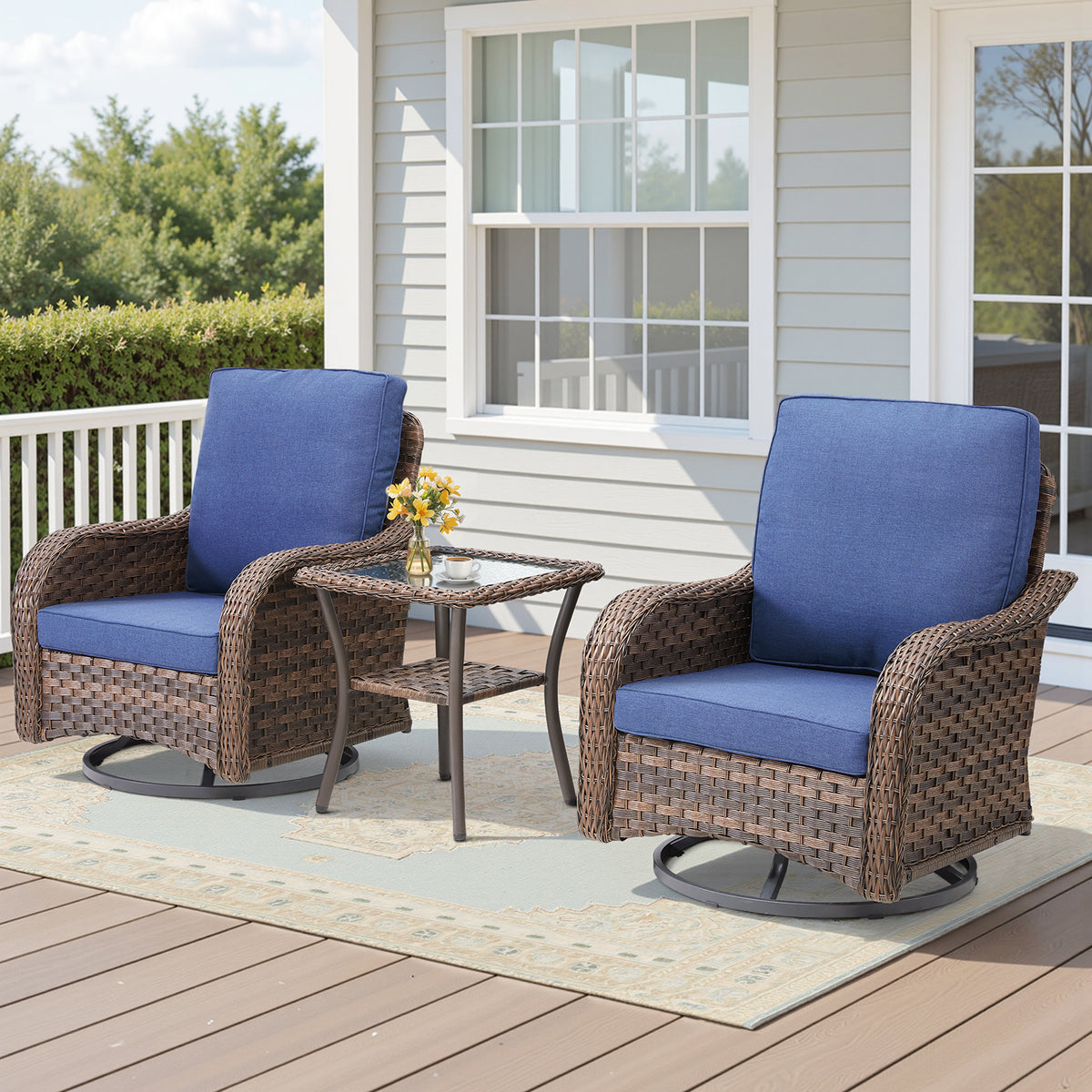 3 Pieces Outdoor Furniture Set, Outdoor Swivel Gliders Rocker, Wicker Patio Bistro Set with Side Tablerd for Porch Deck Backyard, Blue