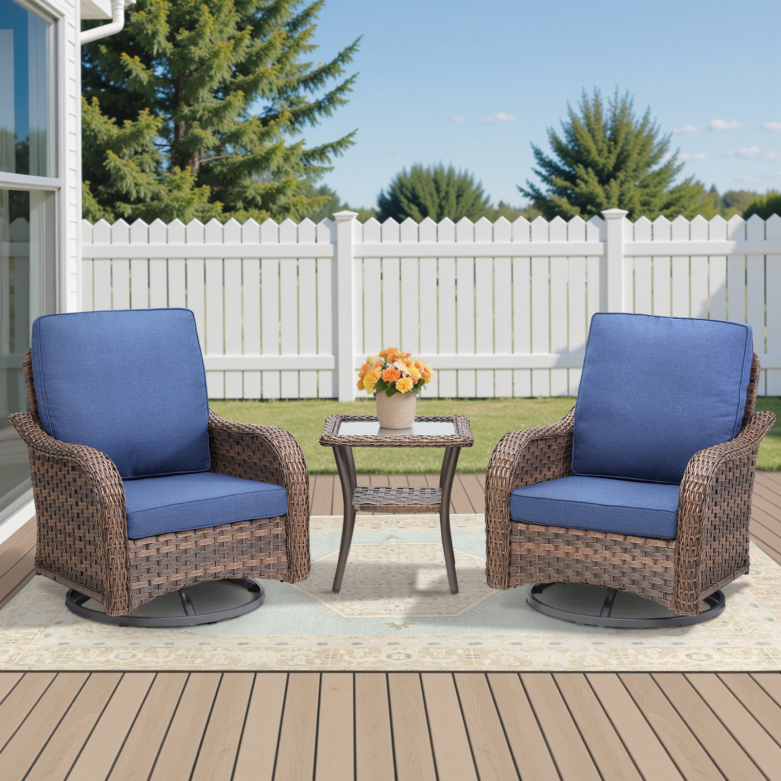 3 Pieces Outdoor Furniture Set, Outdoor Swivel Gliders Rocker, Wicker Patio Bistro Set with Side Tablerd for Porch Deck Backyard, Blue