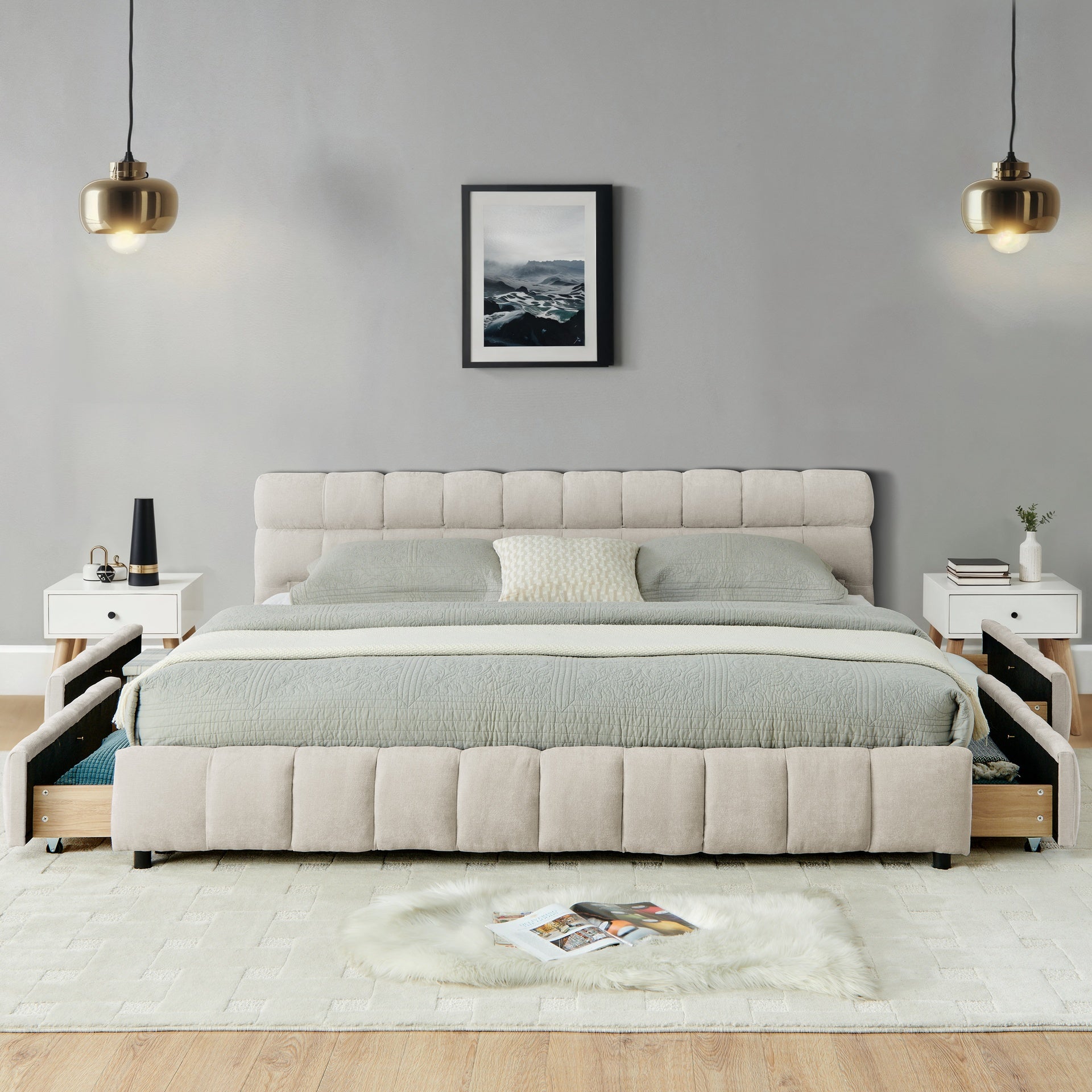 California King size Upholstered Bed ,comfortable upholstered bed frame, Chenille fabric, with headboard and solid bed frame. With drawer for storage.-Beige(90.5''*80.5''*31'')