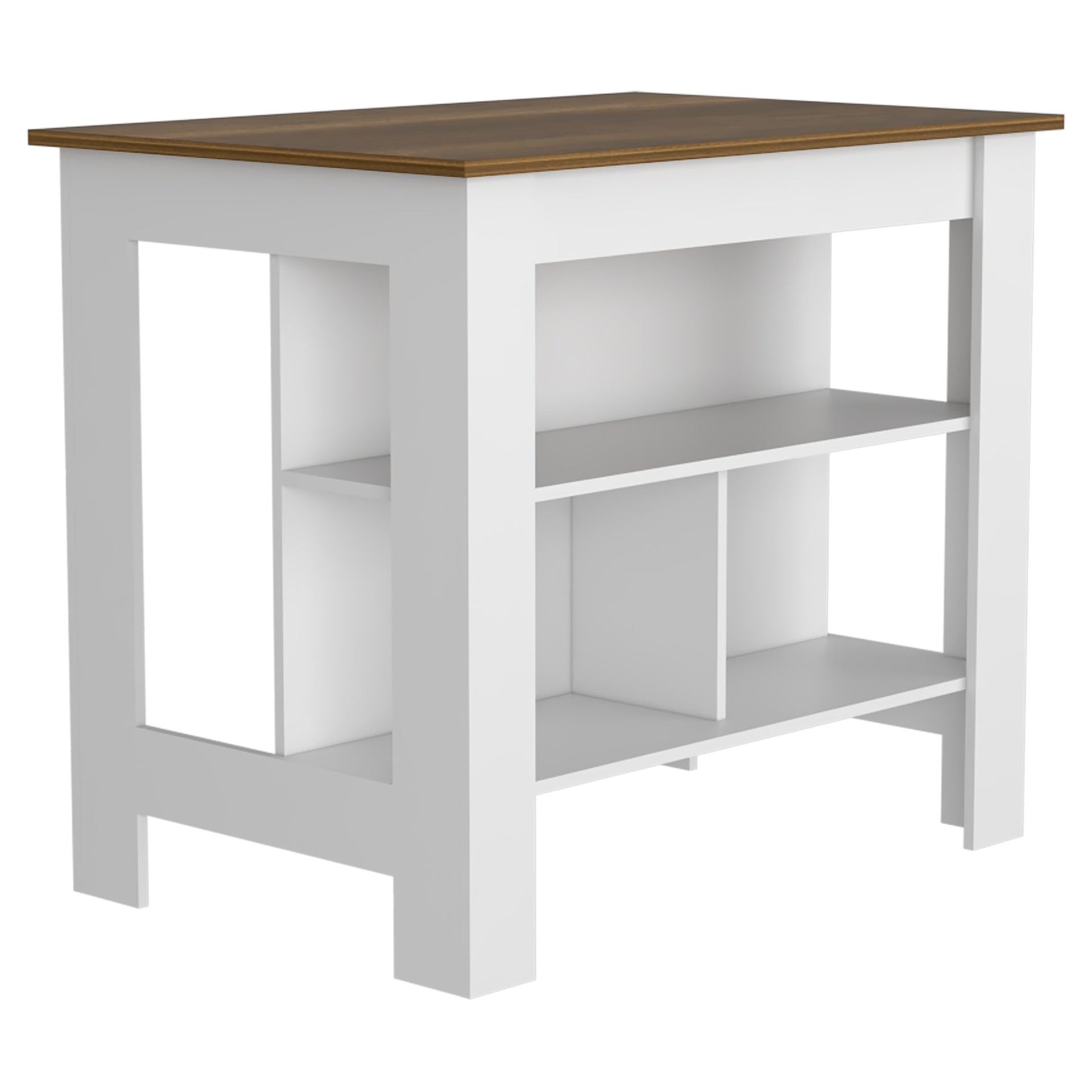 Kitchen Island, kitchen table 35" H, Four Legs, Three Open Storage Shelves, White / Walnut