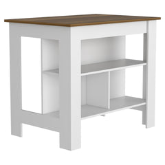 Kitchen Island, kitchen table 35" H, Four Legs, Three Open Storage Shelves, White / Walnut