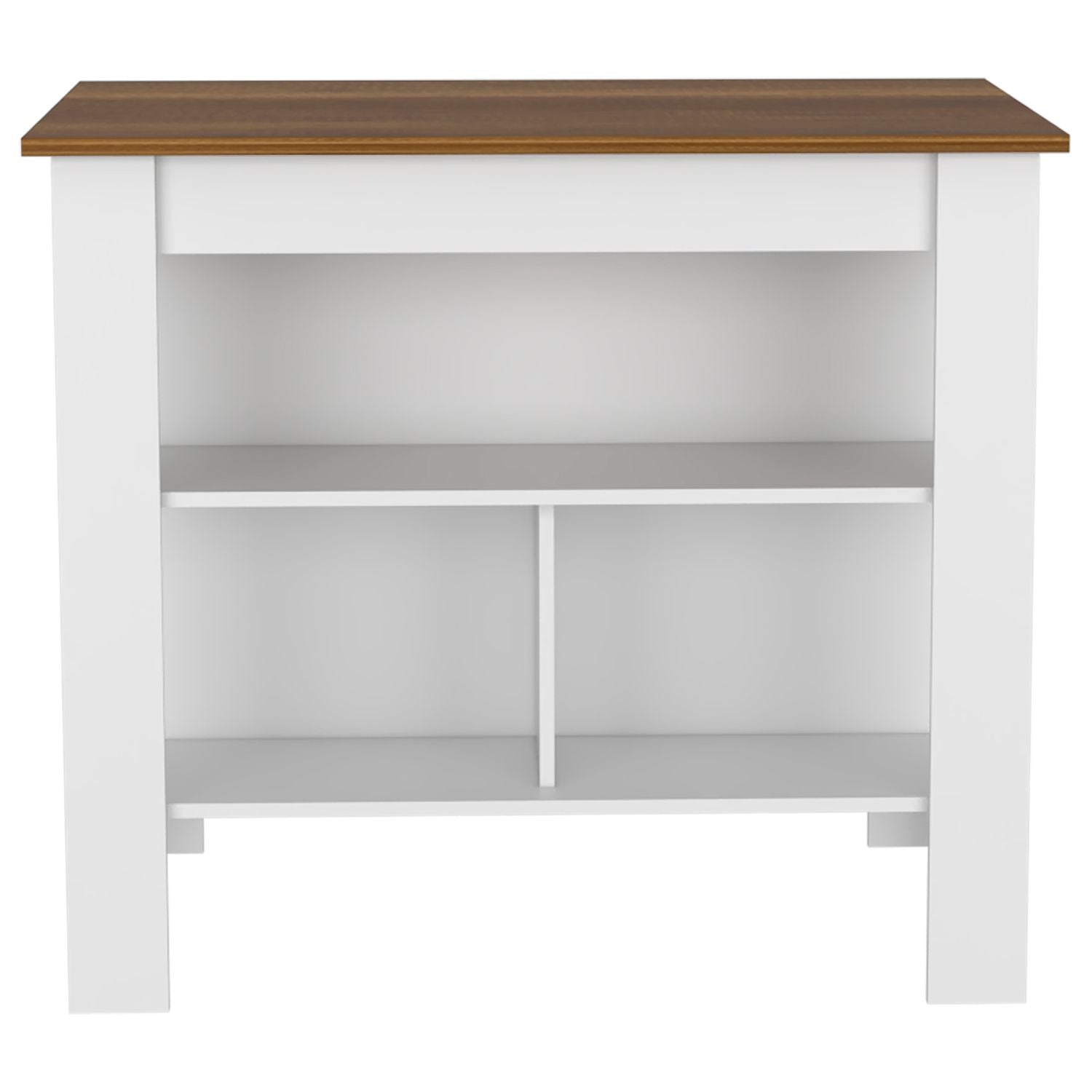 Kitchen Island, kitchen table 35" H, Four Legs, Three Open Storage Shelves, White / Walnut