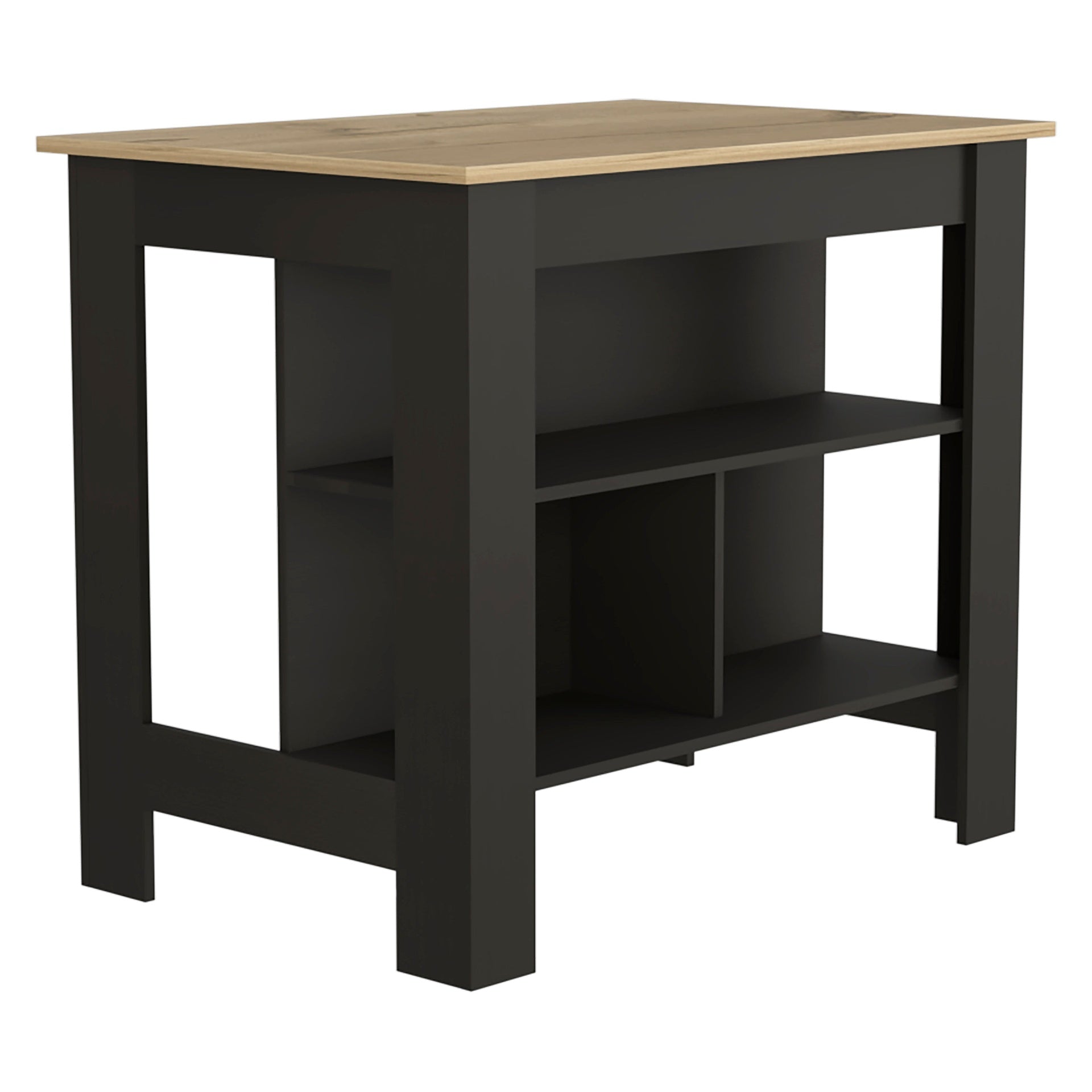 Kitchen Island, kitchen table 35" H, Four Legs, Three Open Storage Shelves, Black / Light Oak