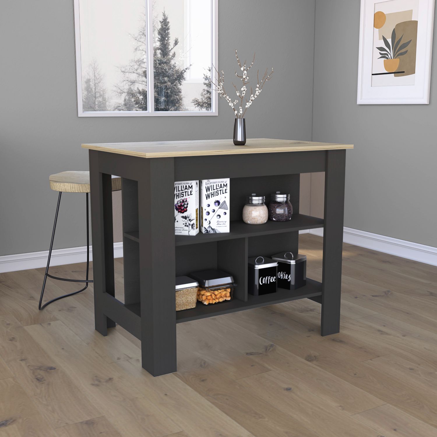 Kitchen Island, kitchen table 35" H, Four Legs, Three Open Storage Shelves, Black / Light Oak