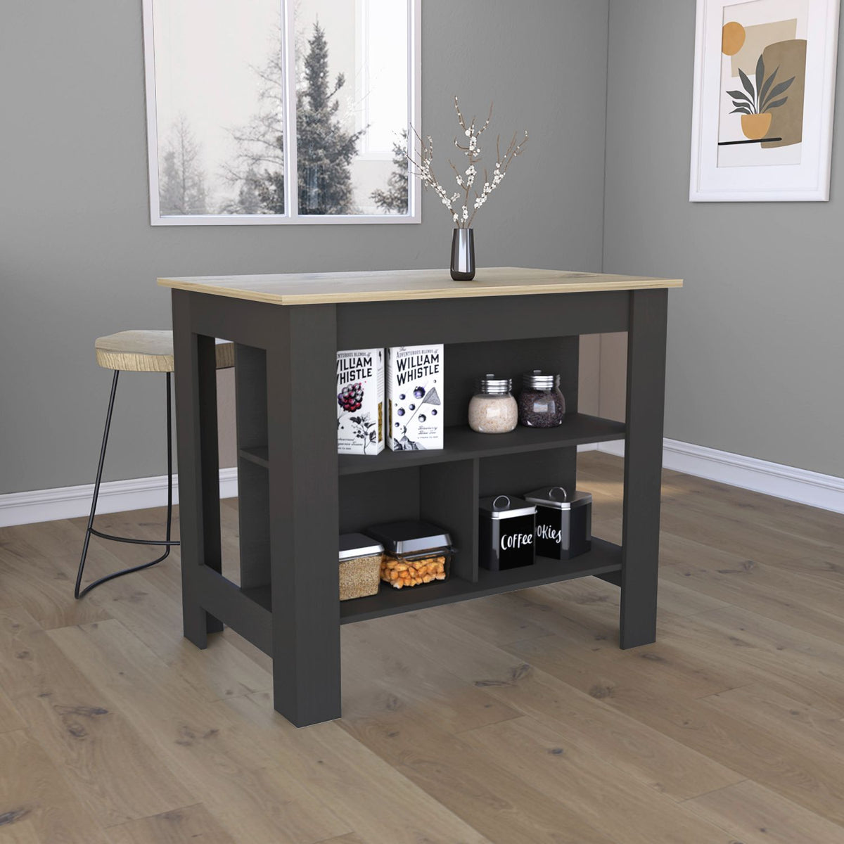 Kitchen Island, kitchen table 35" H, Four Legs, Three Open Storage Shelves, Black / Light Oak