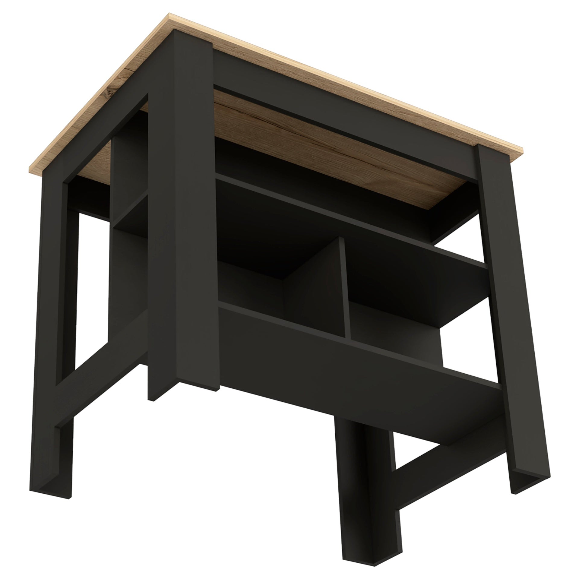 Kitchen Island, kitchen table 35" H, Four Legs, Three Open Storage Shelves, Black / Light Oak