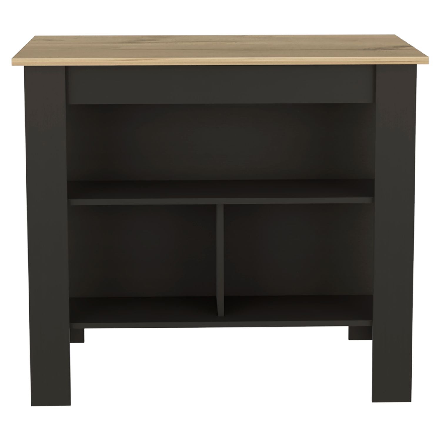 Kitchen Island, kitchen table 35" H, Four Legs, Three Open Storage Shelves, Black / Light Oak