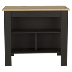 Kitchen Island, kitchen table 35" H, Four Legs, Three Open Storage Shelves, Black / Light Oak