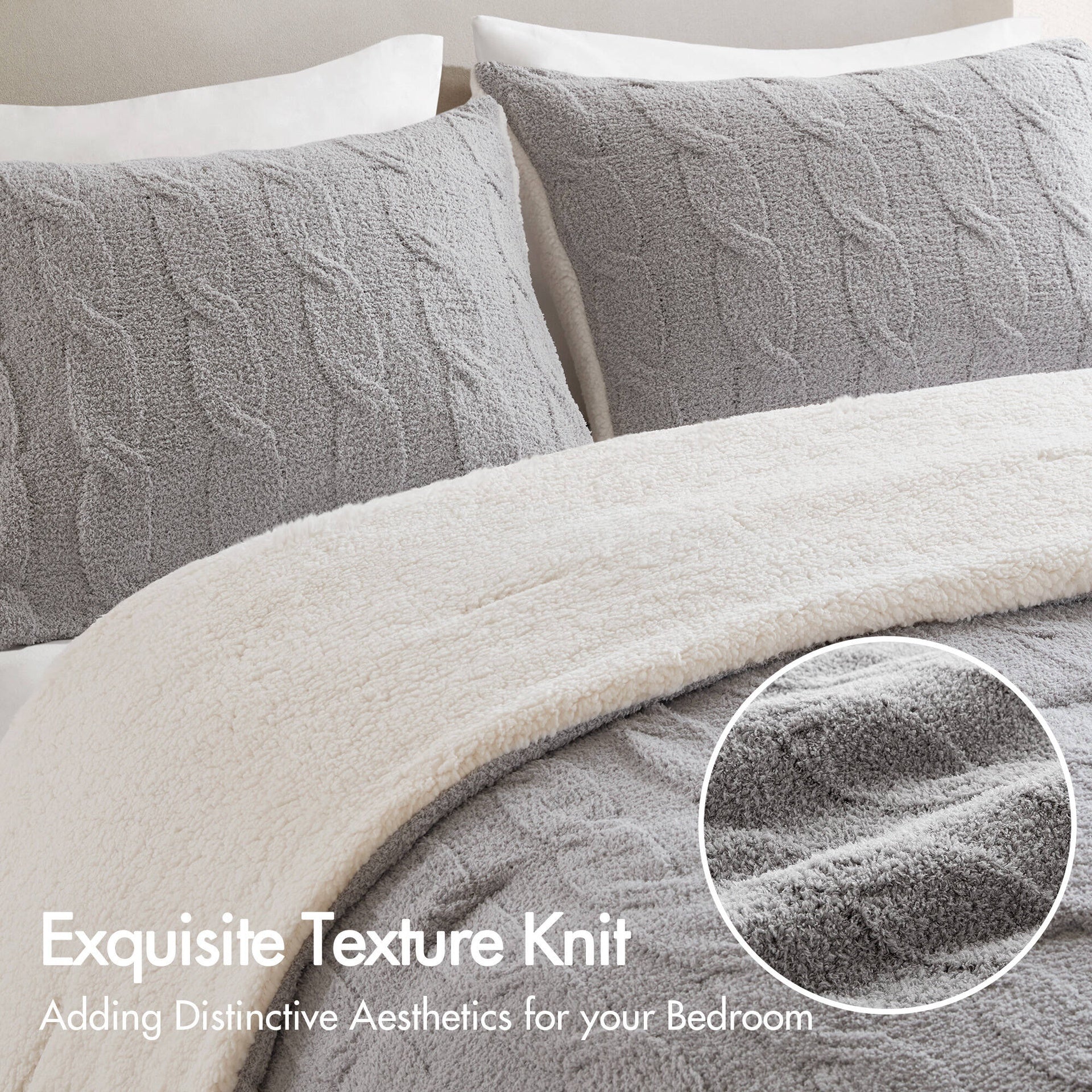 3 Pieces Full/Queen Cable Knit Chenille Comforter Set,Gray