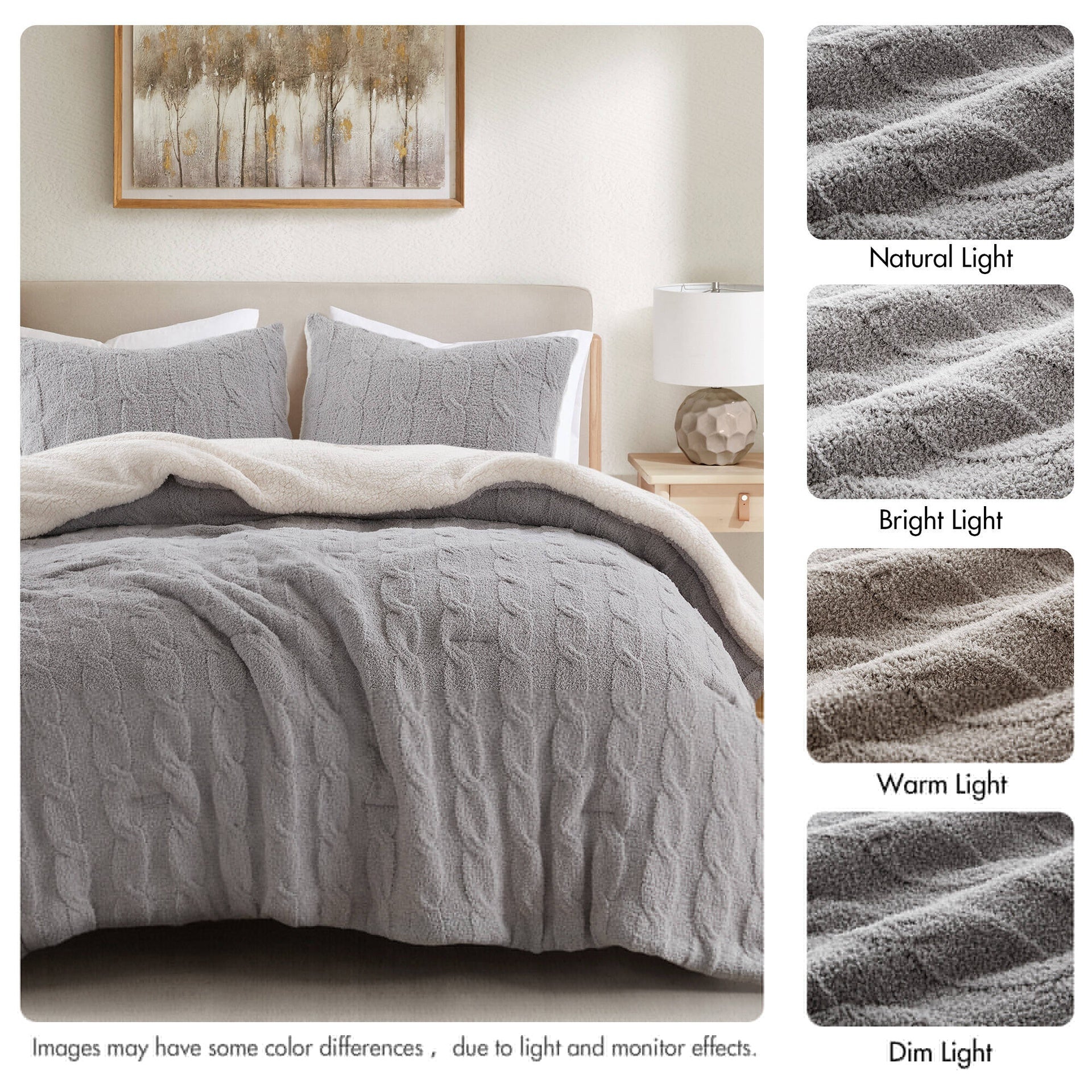 3 Pieces Full/Queen Cable Knit Chenille Comforter Set,Gray
