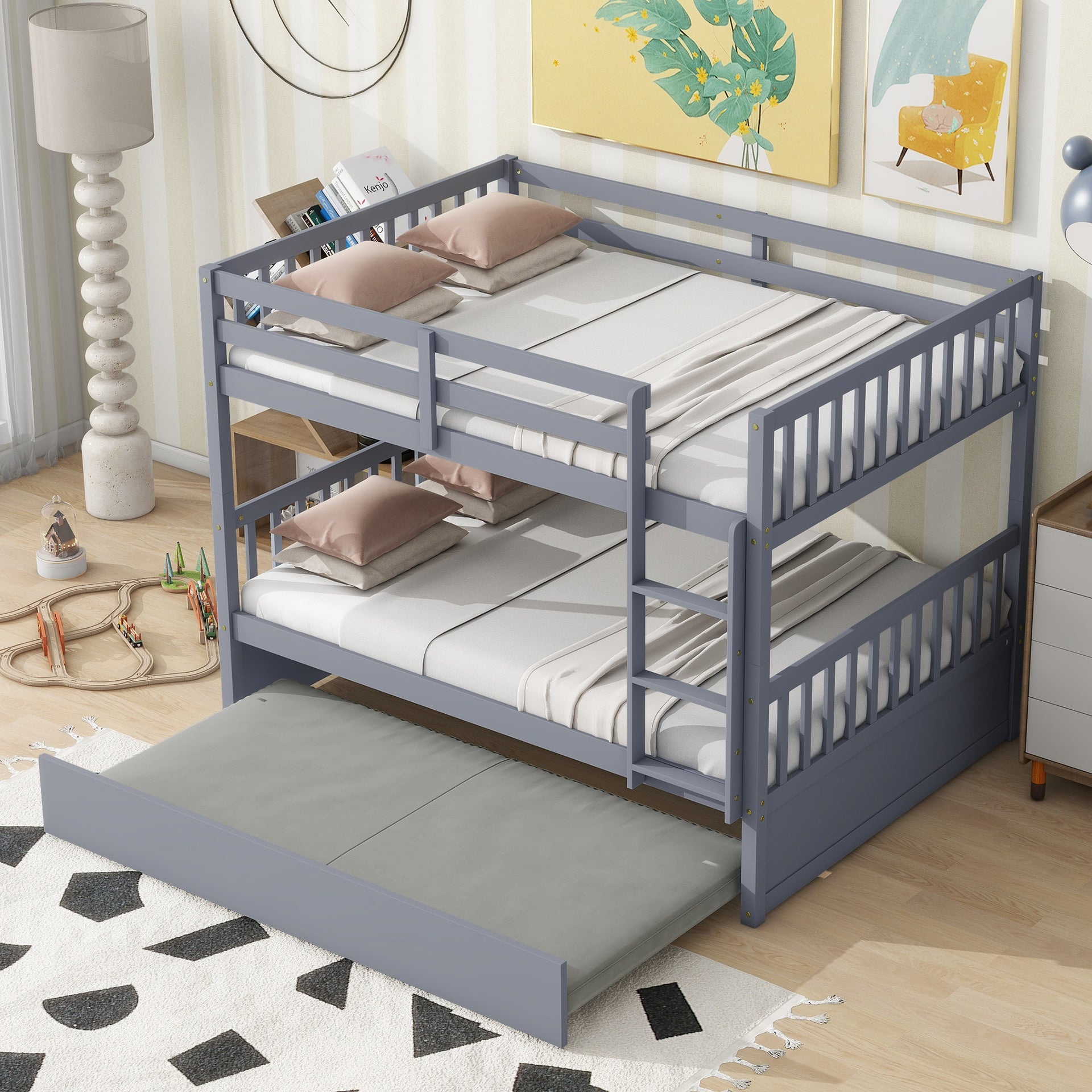 Full Over Full Rubber Wood Bunk Bed with Trundle, Ladder and Guardrails, Convertible to 2 Full Size Beds, with Twin Size Trundle ,Grey