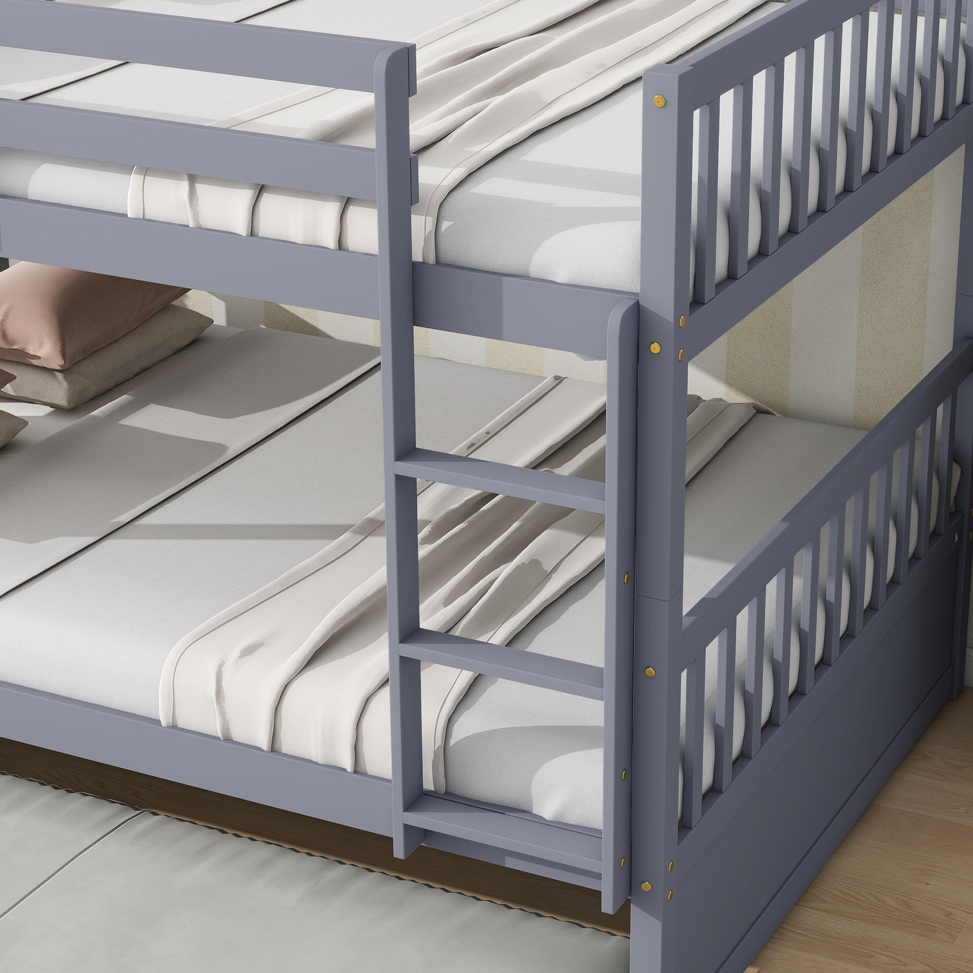 Full Over Full Rubber Wood Bunk Bed with Trundle, Ladder and Guardrails, Convertible to 2 Full Size Beds, with Twin Size Trundle ,Grey