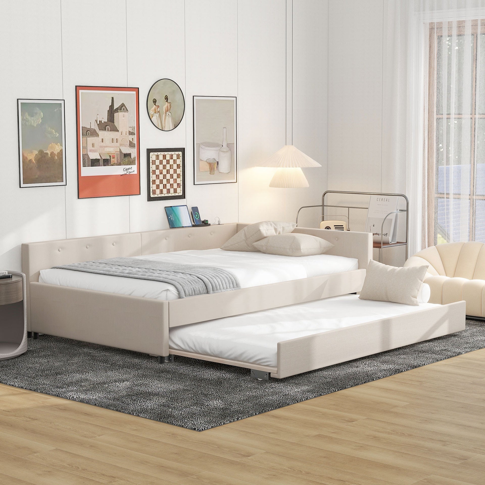 Full Size Upholstered Platform Bed with USB and Twin Size Trundle, Beige